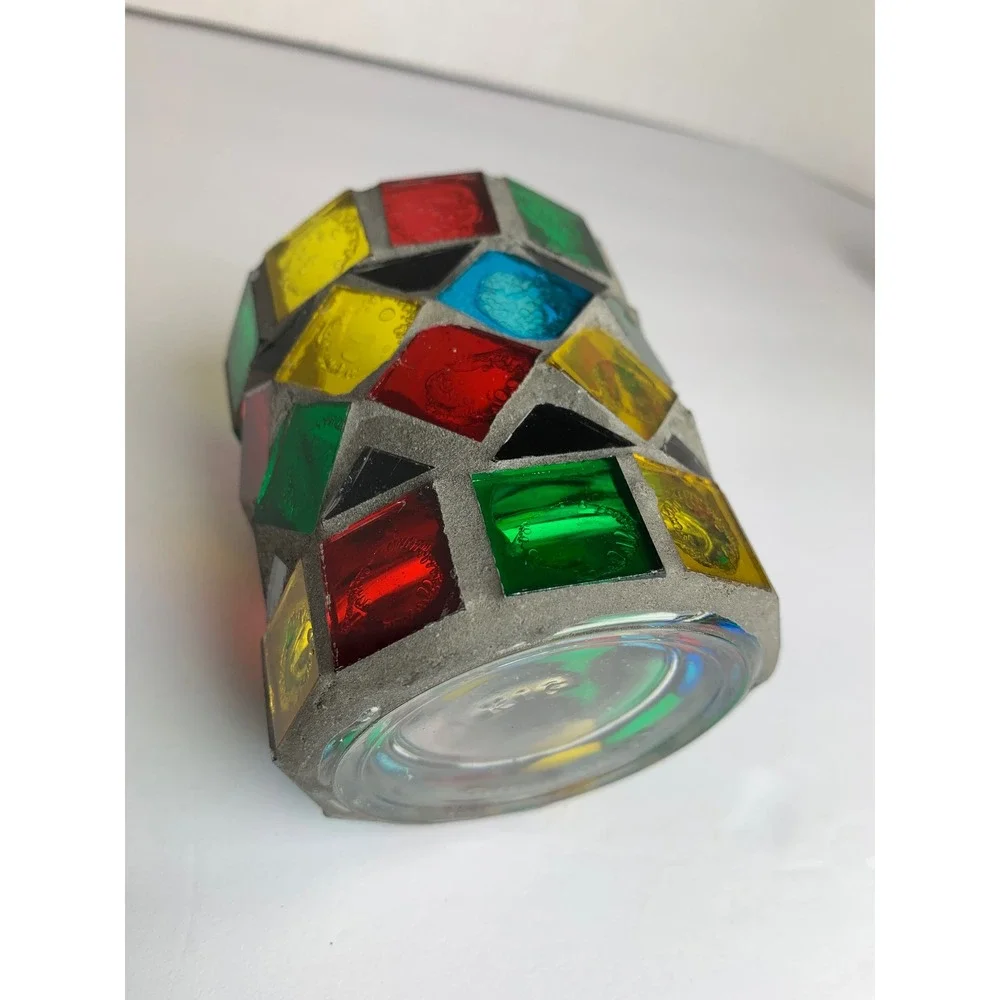 Vintage Mosaic Stained Glass Votive Candle Holder Multicolor‎ Geometric Boho